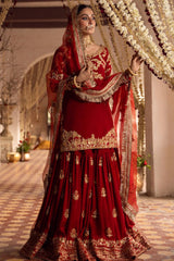 Pakistani Bridal Dress in Red Gharara and Kameez Style